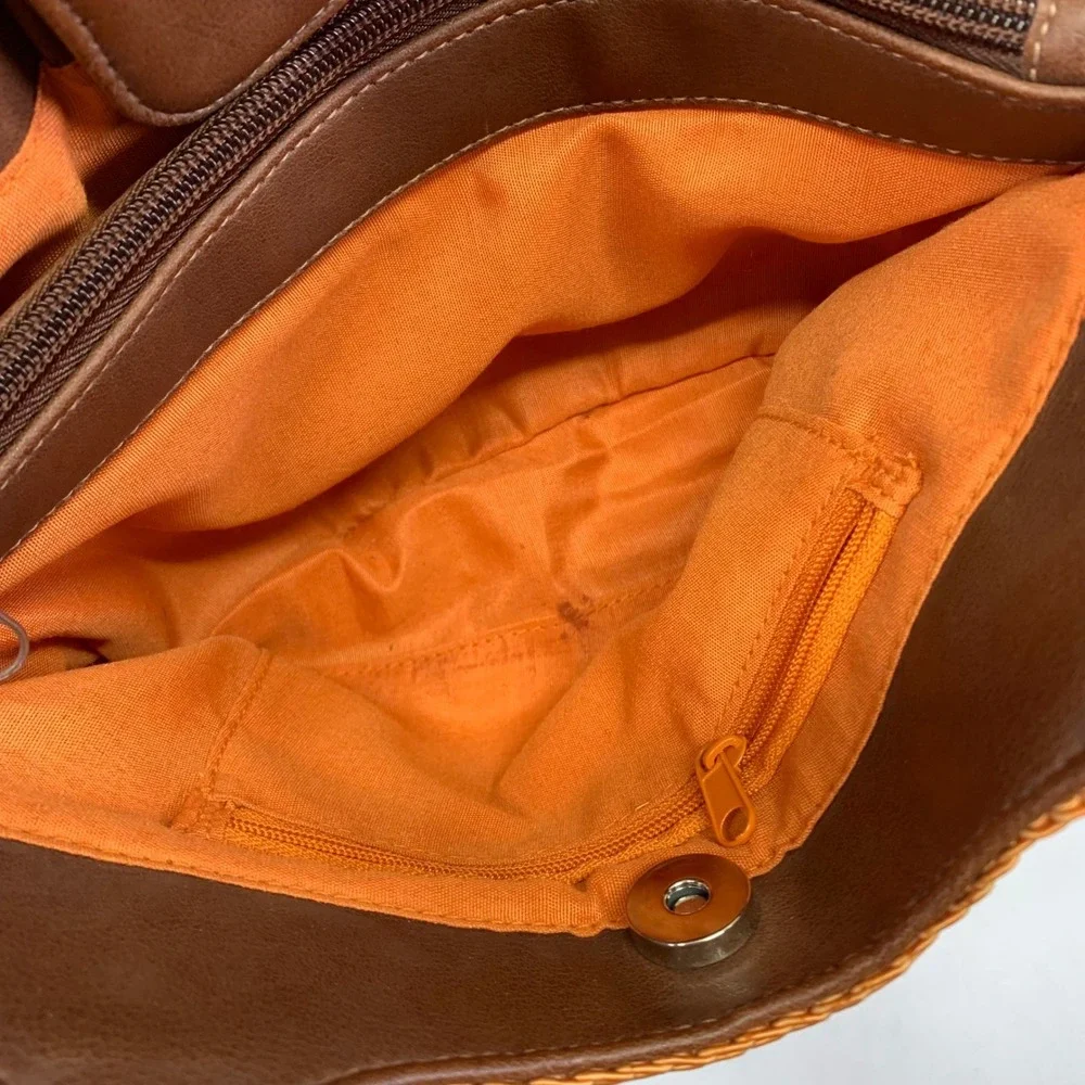 Rosetti Orange Woven Satchel Bag Purse Brown Faux Leather‎ Handle Small